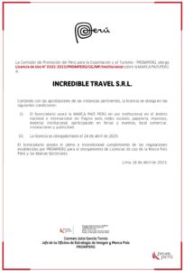Certificado Marca Peru Incredible Travel 2023 - 2025